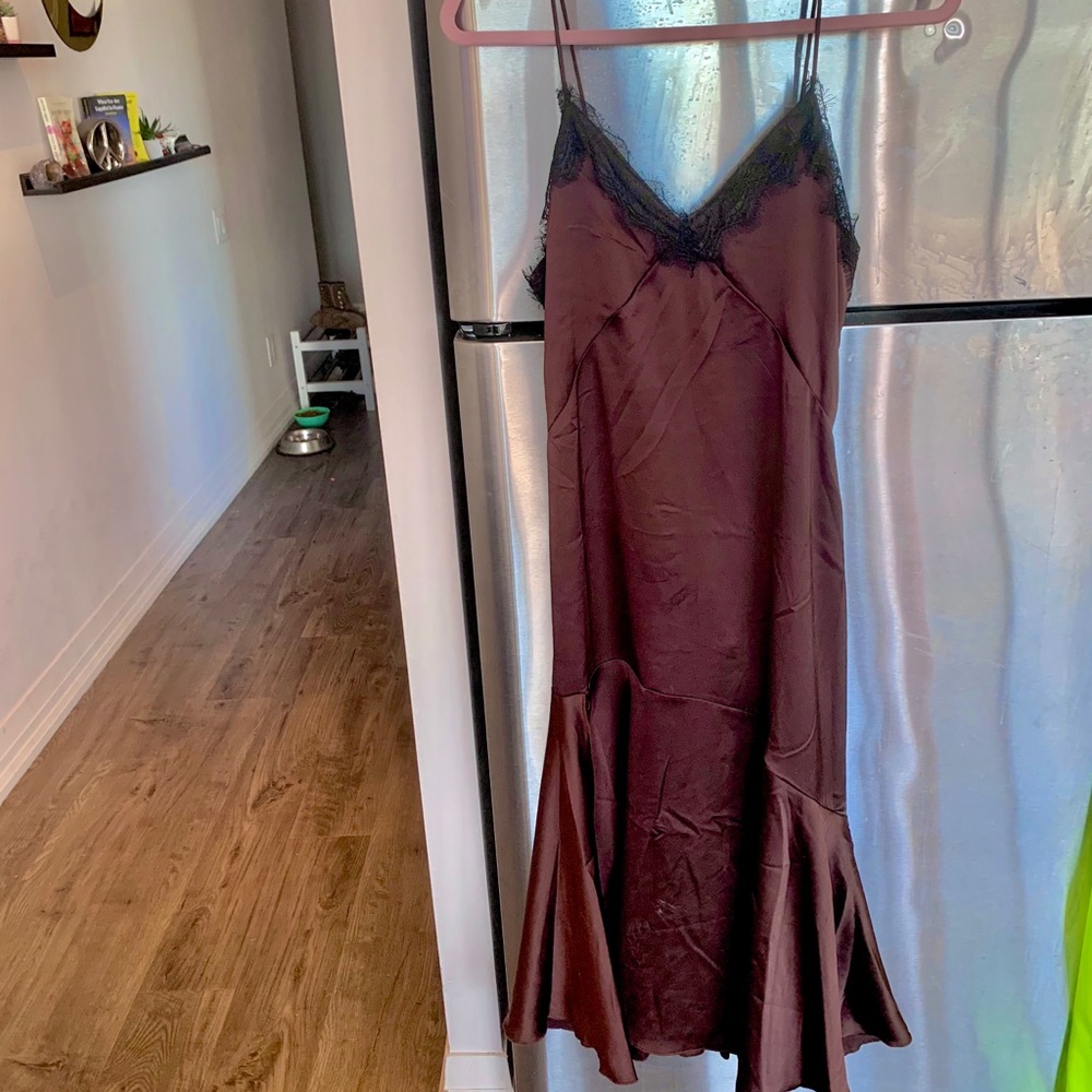 Brown satin midi dress with slit and lace detail